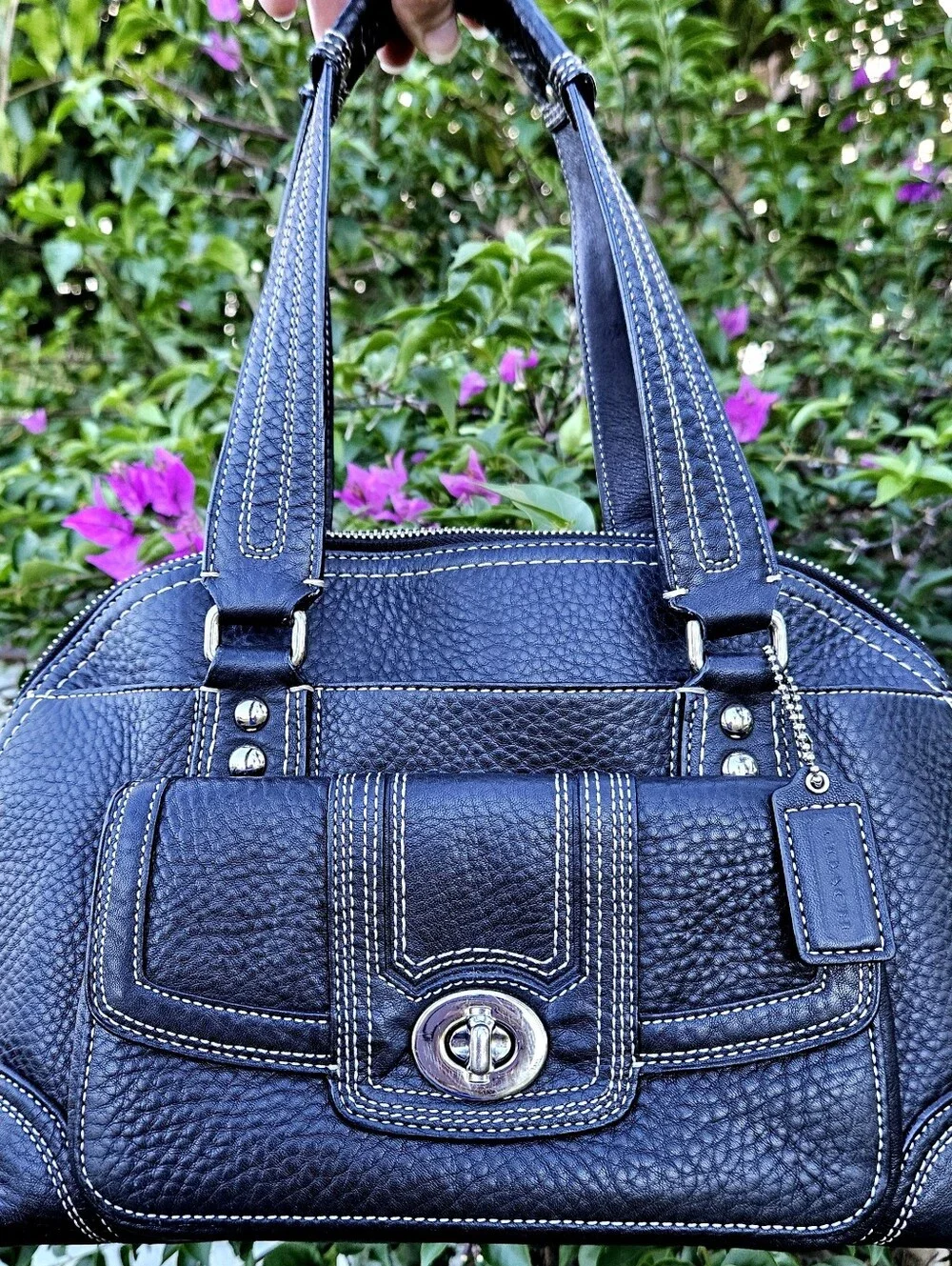 Coach Hampton Domed Satchel F13963 Black Pebbled Leather Turnlock Bag